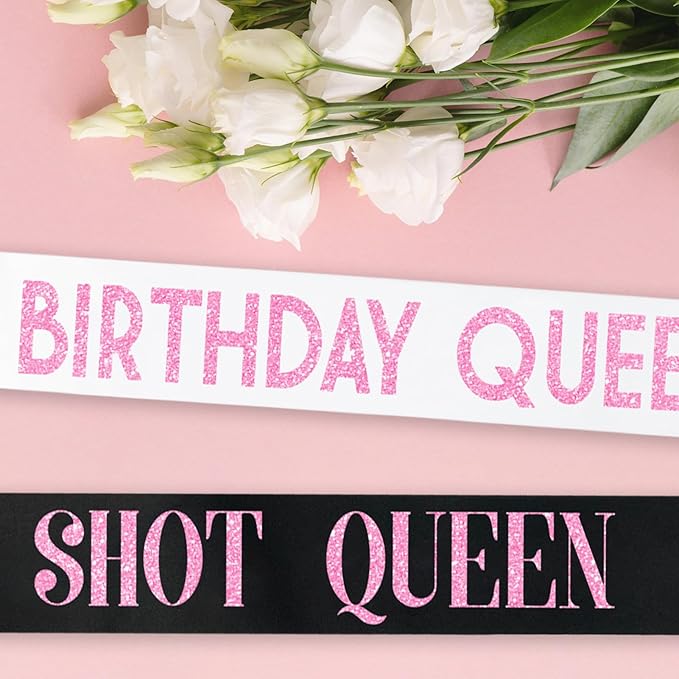 10 Pcs Birthday Queen Sashes for Women, Funny Happy Birthday Squad Sash for Girls Sweet 16,18th 21st 30th 40th 50th or Any Other Bday Party Supplies Decorations Jokes and Favors (Pink + White)