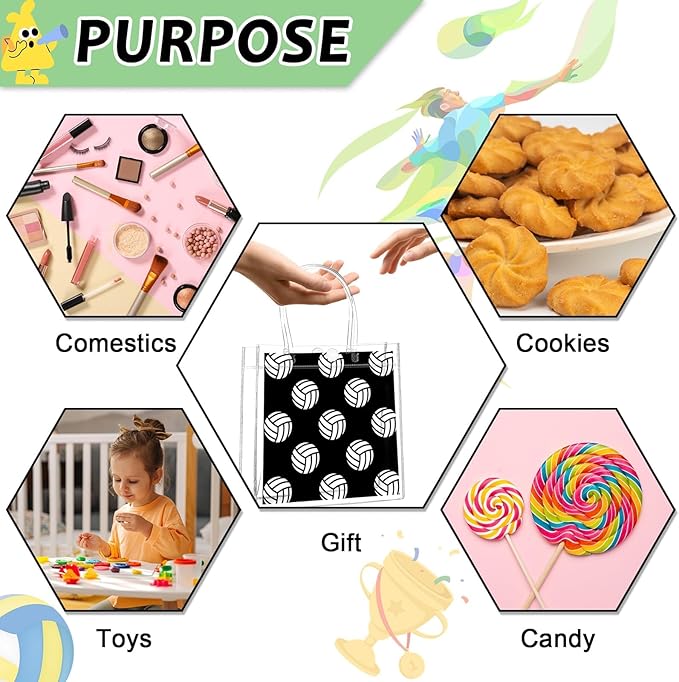 Lonfliness 24Pcs Volleyball Clear PVC Gift Bags With Handles Bulk Sport Theme Goodie Treat Candy Bags Team Present Wrap Bags for Boys Birthday Party Favor Baby Shower Decorations Supplies 8 x 8 x 3in