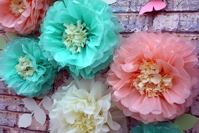 Fonder Mols Tissue Paper Chrysanth Flowers with Butterfly and Olive Leaves for Wedding Baby Shower Nursery Room Parties & Events Decorations Pom Poms (Cream Peach Mint)