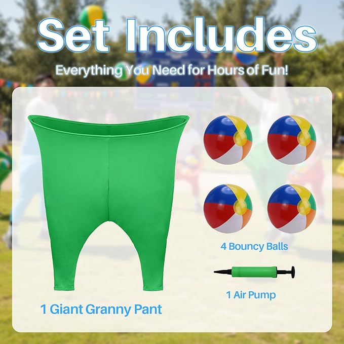 Granny Pants Yard Game – Oversized Stretchy Pants Outdoor Toss Game with Bouncy Balls & Pump, Fun Reunion Party Game for Adults, Perfect for Backyard, Field Day & Team Activities