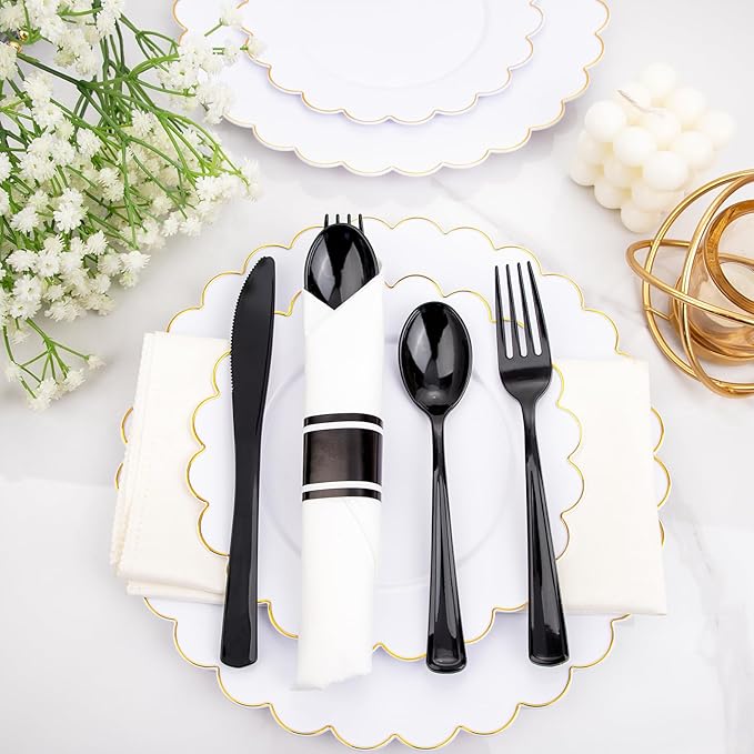 Supernal 60 Pack Hevy Duty Rolled Black Plastic Silverware,Pre Wrapped Cutlery with Napkins, Rolled Plastic Forks and Spoons, Black Disposable Silverware Suit for Party, Birthday