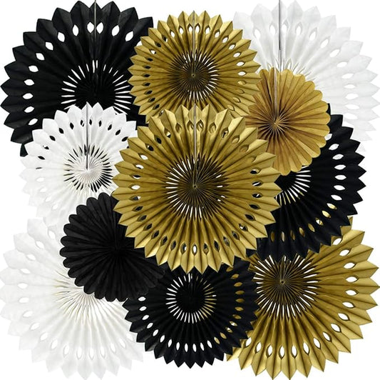 BEISHIDA Black Gold White Hanging Honeycomb Round Paper Fan Decoration Set for Christmas Halloween New Years Baby Shower Birthday Wedding Bachelorette Photo Backdrop Anniversary Party Supplies（11pack）