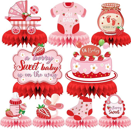 Strawberry Baby Shower Decorations - 9PCS Berry Sweet Baby Shower Decorations Supplies A Berry Sweet Baby Is on the Way Decor Strawberry Honeycomb Centerpieces Baby Shower Party Table Decor