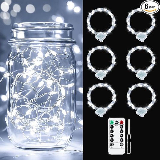 pozzolanas 6 Pack White Battery Operated String Lights with Remote - 7ft Waterproof Fairy Lights with 20 LEDs for Home, Mason Jar, Party, Wedding, Halloween, Christmas Decorations
