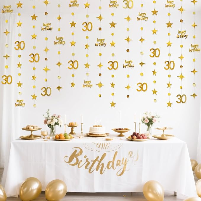 GCQQ Gold 30th Birthday Decoration -4 Packs Gold Happy Birthday Circle Dot Star Garland 46FT Metallic Hanging Streamer Banner Decorations for Her 30 Dirty Thirty BirthdayTheme Party Decor, Pre-Strung