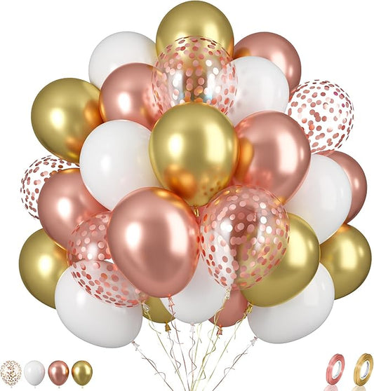Biapian Rose Gold Balloons Set, 60PCS Rose Gold and Gold Birthday Balloons, 12 Inch Metallic Gold White Latex Balloons Rose Gold Confetti Balloons for Girls Women Birthday Baby Shower Wedding Supplies