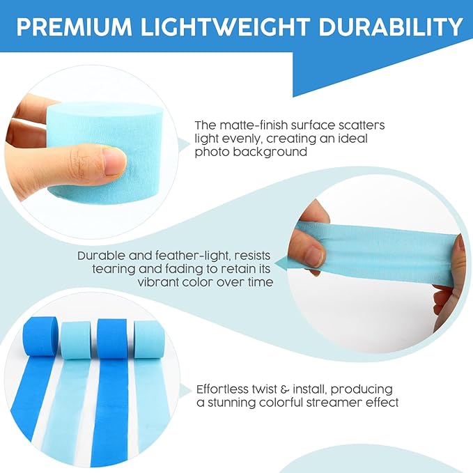 4 Rolls Crepe Paper Blue Series Streamers – Perfect for Streamers Party Decorations, Wedding, Birthday, Colored Decor, and DIY Craft Supplies(1.8 Inch x 82 Ft/Roll)