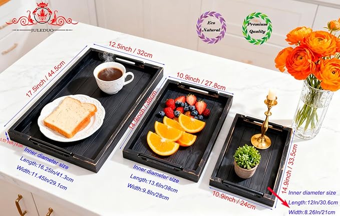 Coffee Table Tray Decorative Nested Vintage Wood Serving Tray Set for Eating, Trays for Eating on Couch Breakfast, Party, Kitchen,Ottoman,Tea Coffee Table Large (Rustic Black, 3Pc)