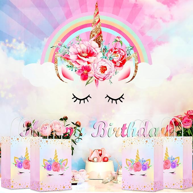 Gersoniel 16 Pcs Unicorn Party Favor Bags with Handles Unicorn Gift Goodie Treat Bags for Birthday Party Favors Supplies(8.27 x 5.9 x 3.15 Inch,For Girls)