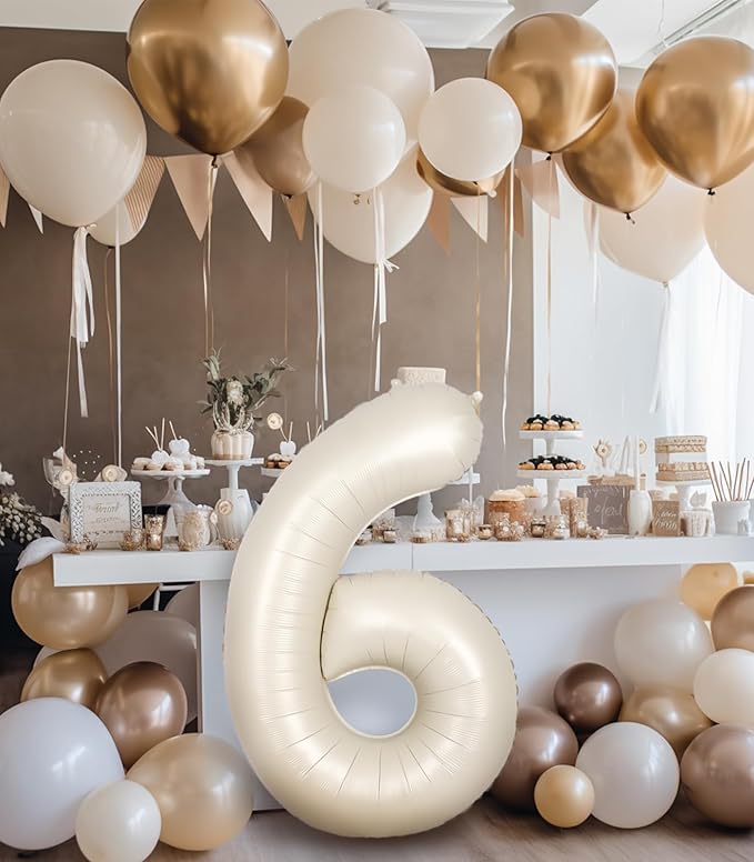 SUWEN 40 Inch Cream White Large 6 Number Balloons Big Foil Helium Number Balloons 0-9 Jumbo Happy 6th Mylar Birthday Party Decorations for Boy or Girl Anniversary Party Supplies