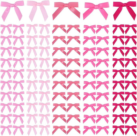 Meseey 100 Pcs 1.5 Inches Premade Craft Bows Self Adhesive Pink Hot Pink Valentines Satin Ribbon Bows for Treat Bags Gift Wrapping Basket Wedding Baby Shower Brithday Party(Pink Set)