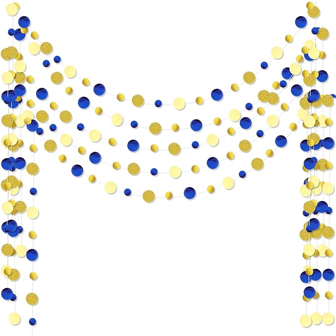 Outus 5 Pieces Blue,Gold Round Dots Garland Graduation Party Hanging Decor Each Length 13.1ft Glitter Paper Dot Streamers for Birthday Wedding Classroom Supplies