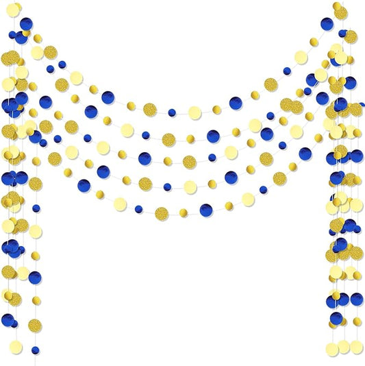 Outus 5 Pieces Blue,Gold Round Dots Garland Graduation Party Hanging Decor Each Length 13.1ft Glitter Paper Dot Streamers for Birthday Wedding Classroom Supplies