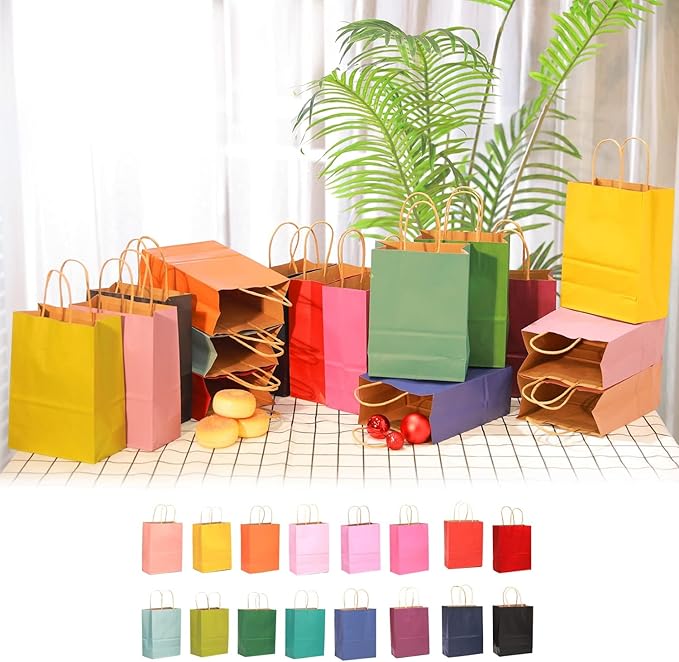 qiqee 32-Packs Paper Bags with Handles Bulk 8.26"×6"×3.15" Small Gift Bags 16 Different Senior Color Bags Multiple Uses（Small Size）