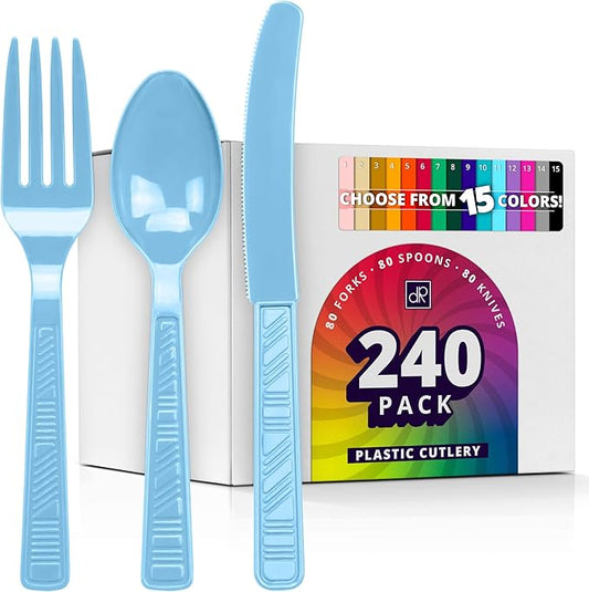 DecorRack Plastic Cutlery Set, Light Blue Colored Plastic Silverware Sets for Parties, 240 Piece Bulk Heavy Duty Utensils (Light Blue, 240 Pieces)