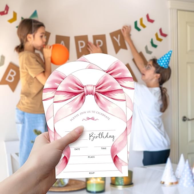 Pink Bow Birthday Party Invitations, Pink Ribbon Bow Party Invitations for Girls, 20 Fill-In invites with Envelopes, Birthday Party Favor & Decoration (arch)