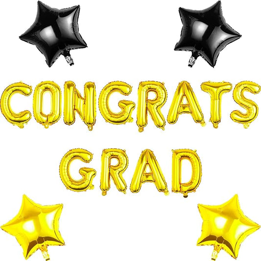 CONGRATS GRAD Gold Balloon Gift Set - Perfect Graduation Gift - Complete 19-Piece Party Kit with 16” Letters + 18" Stars - Ready-to-Give Celebration Package 2026