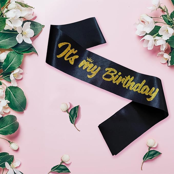 It's My Birthday Sash Black with Glitter Gold Letters Happy Birthday Sash for Men Boy Bday Gift Ideas Party Favors