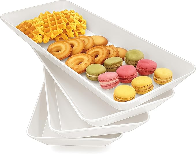 Serving Tray Platter Rectangle, 4 Pcs Long Narrow Food Tray for Veggie Fruit Snack Dessert, Plastic White Food Trays for Party Supplies Display, Rectangular Platters for Serving Food, BPA Free