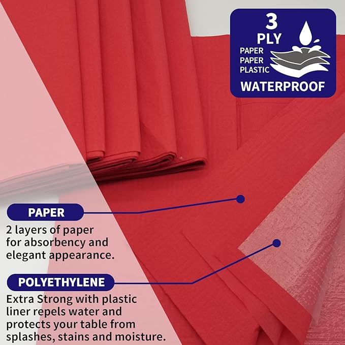 [6 Pack] Red Paper Tablecloth Disposable for Rectangle Tables, 54 X 108 Inch Party Table Cover with Plastic Backing, Waterproof 3 Ply Table Cloth for Valentine's Day Christmas Day Xmas Dinner