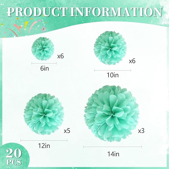 20 PCS Emerald Blue Tissue Paper Pom Poms, Tissue Pom Poms Flowers, Sizes of 6", 10", 12", 14" Hanging Paper Flower Ball for Wedding, Birthday, Halloween, Christmas, Baby Shower Party Decor