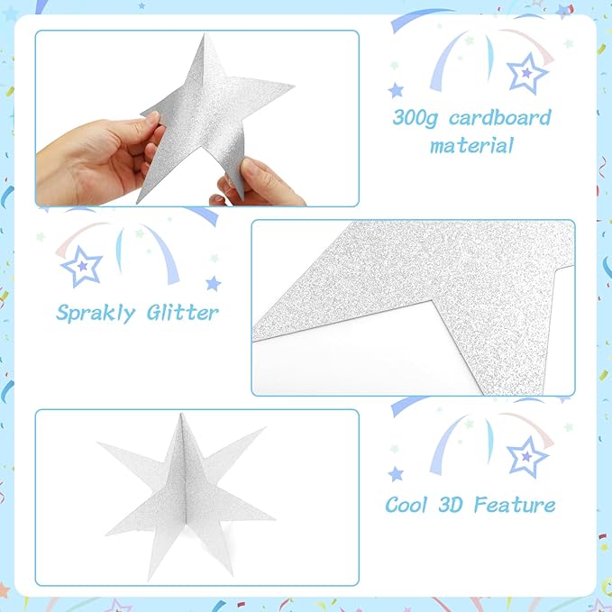 Silver Star Centerpieces - 3D Star Decorations in 3 Sizes - Awards Night, Christmas, Movie Night, Birthday Party Supplies (Set of 35)