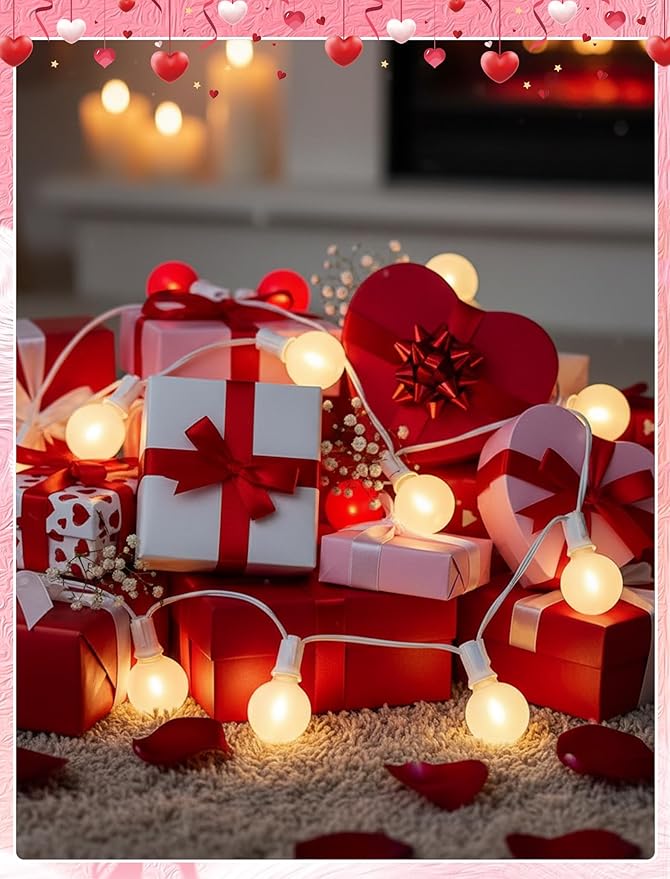 25FT LED Valentine’s Day String Lights, 25 G40 Valentines Decoration Lights Outdoor with Frosted Red White Bulbs, Hanging Patio Lights Shatterproof for Mother's Day Decor Wedding Party, White Wire