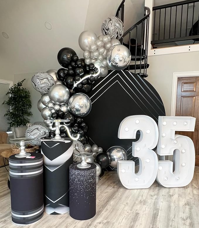 Black and Silver Latex Balloons, 50pcs 12 Inches Silver and Black Balloons with 1 Ribbon for Graduation, Wedding, Birthday Party Decorations