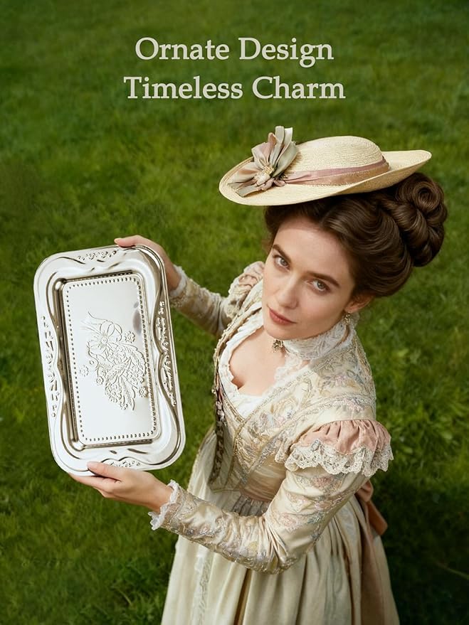 4-Pack Silver Serving Trays Set - ZENOVLUX Lightweight Bow Floral Engraved Mirror Decorative Tray, 13.8" x 8.7" Wedding Party Platters for BBQ, Food, Appetizer, Charcuterie, Cookies, Desserts