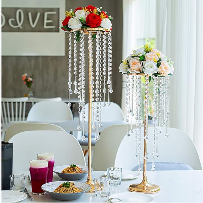 21.6in Gold Wedding Centerpieces for Table, 2Pcs Tall Vases Wedding Centerpieces with Sparkling Crystal Beads, Metal Flower Stand for Wedding Reception Party Events Home Decor