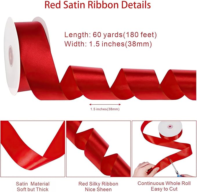 woric Red Ribbon 1 1/2 Inch 60 Yards Red Wedding Decor Satin Ribbons for Bridal Shower Wedding Bridesmaid Gifts Handmade Roses Bows Crafts Flower Bouquet Party Gift Wrapping