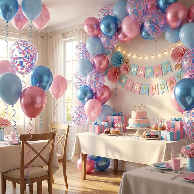 Hiquaty Pink and Blue Balloons, 50pcs Light Pink Balloons,12 inch Gender Reveal Balloons,Light Blue Balloons with Ribbon for Birthday Wedding Baby Shower Party Decoration