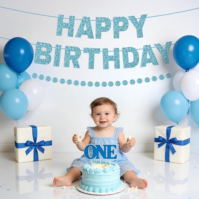 Happy Birthday Banner Pre-Strung Birthday Party Decorations NO DIY Glitter Happy Birthday Sign Circle Dots Garland Birthday Hanging Decorations for Women Men Birthday Party Supplies (Blue)