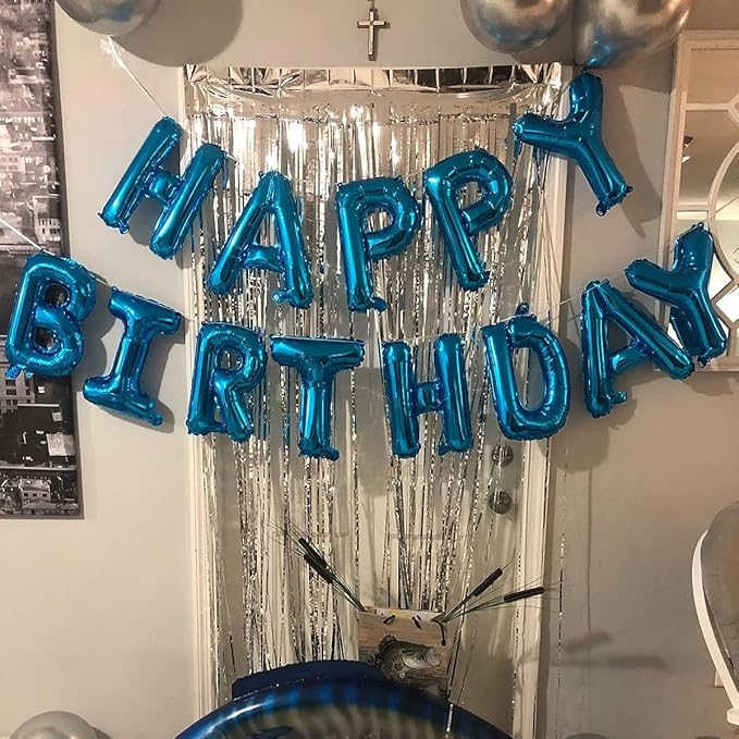 Blue Happy Birthday Balloon Banner, 16 Inch Foil Mylar Happy Birthday Balloons Letters, Reusable Happy Birthday Sign, Blue Birthday Decorations for Women, Men, Boys and Girls