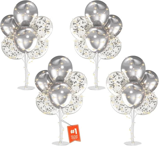 4Sets Silver Balloons Stand,Balloons Stands for Table,Silver Balloons Centerpieces for Tables for Birthday,Baby Shower,Wedding,Anniversary Table Party Decorations.（With light string）