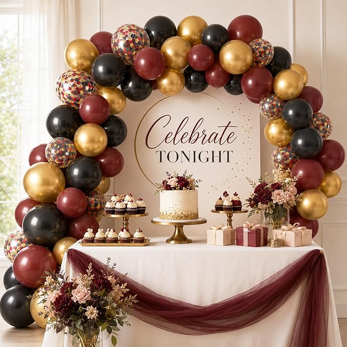 Burgundy Gold Balloons, 60Pcs Burgundy Balloon, 12 Inch Metallic Gold Wine and Black Latex Balloons for Birthday Party Bachelorette Graduation Anniversary Bridal Shower Celebration Party Decorations