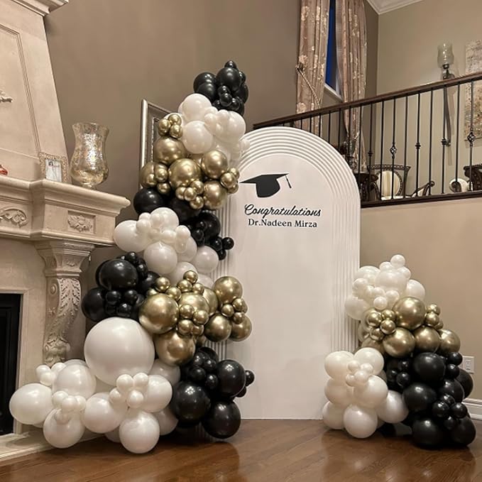 Black White Gold Latex Balloons, 50pcs 12 Inches Black White Gold Confetti Party Balloons with 1 Ribbon for Birthday, Graduation, Anniversary,Wedding, New Year Party Decorations