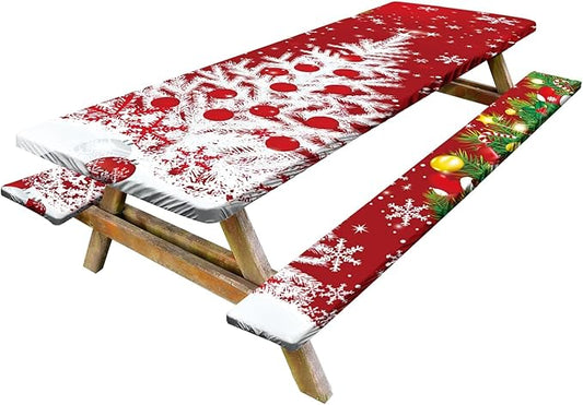 Picnic Table Cover with Bench Covers Set of 3, Elastic Fitted Tablecloth for 6 Foot Tables, Washable Polyester Tablecloths for Camping, Indoor & Outdoor