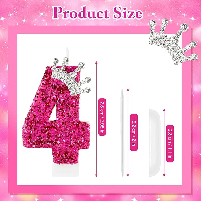 AKURIEEY Hot Pink Birthday Candles Crown Number 4 Candle Birthday Party Decorations Cake Topper Cupcake Decor for Anniversary Celebrations Supplies