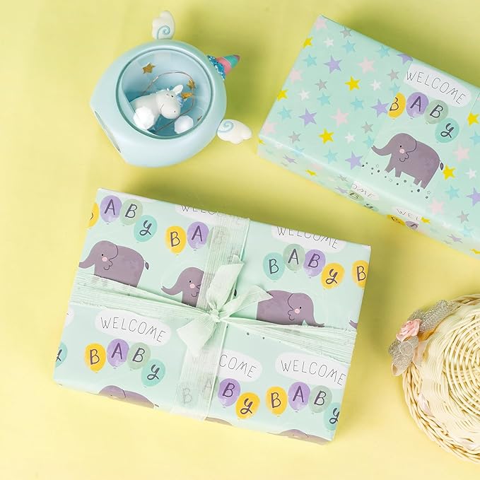 MAYPLUSS Baby Shower Wrapping Paper - 17" X 120" Per roll - Cute Little Boy Green Elephant Animal Design Birthday Joyful Celebration Gift Wrapping Paper for Baby Shower, Party, New Baby Birth