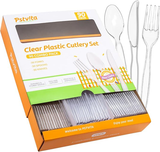 Heavy Duty Plastic Silverware - Clear Utensils Disposable Cutlery Set Pack of 90-30 Forks 30 Spoons 30 Knives