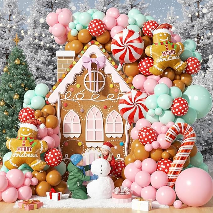 153Pcs Christmas Balloon Arch Garland Kit Xmas Pastel Pink Green Brown Latex Balloons Gingerbread Man Candy Cane Foil Balloons Arch Kit for Christmas New Year Party Birthday Party Decorations