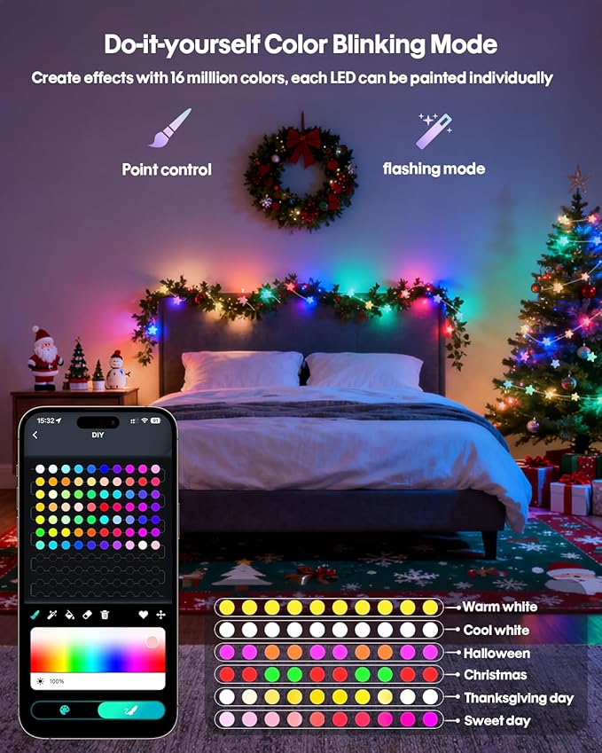 Super RGB Smart Star Fairy Lights 65.6Ft, 16M Color Changing String Lights with Remote & APP Control, Music Sync, Timer, RGB DIY Colored Twinkle Lights Hanging for Indoor Bedroom Party Birthday Decor
