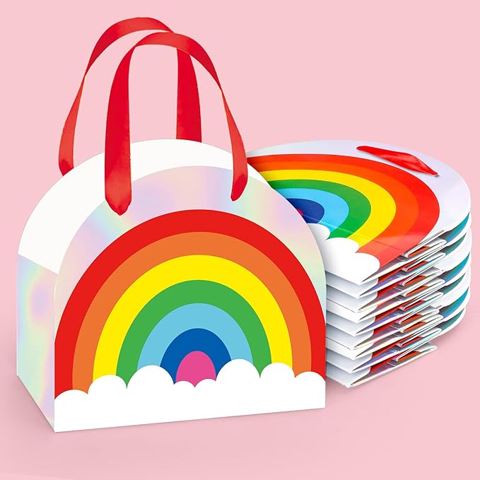 FYSUIMU 15 Pcs Rainbow Paper Gift Bags with Handle Holographic Colored Rainbow Party Favor Bags Iridescent Goodie Candy Treat Bag for Kids Birthday Pride Day Baby Shower Wedding Holiday Party Supplies