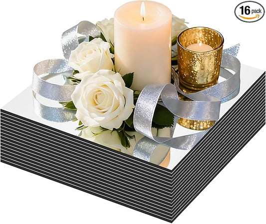 16Pack Square Mirror Centerpieces for Tables, 8" Acrylic Mirror Table Centerpieces, Square Acrylic Mirror Trays, Mirror Candle Plates for Birthday Wedding Decorations Party Crafts, Wall Decoration
