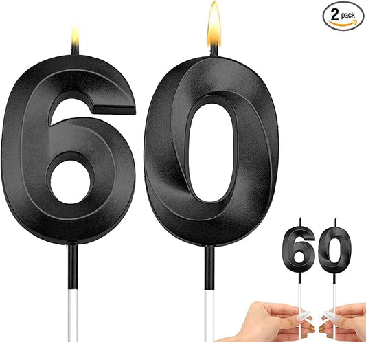 60th Birthday Candles Black 60th Birthday Cake Topper Happy Birthday Decorations Number 60 Candles for Cake Birthday Decorations for Him Her