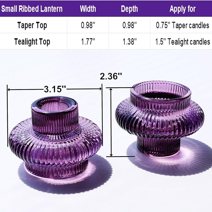 VOHO Purple Taper Candle Holders Ribbed Glass Gifts, 6 A Pack Candlestick Holders for Table Centerpiece Christmas/Halloween Decorations, Versatile Candle Holders for Candlesticks or Tea Lights Candles