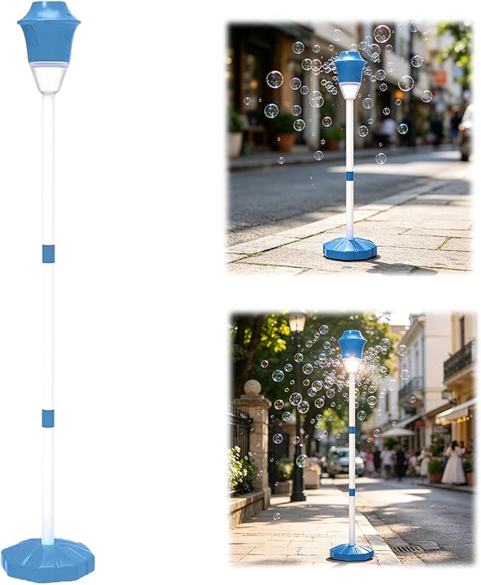 【Ocean Blue】 Bubble Machine, Automatic Street Lamp Bubble Torch with Lights, Standing Bubble Maker Detachable Handheld Wand, Rechargeable Outdoor Bubble Tower for Birthday Party Garden Backyard