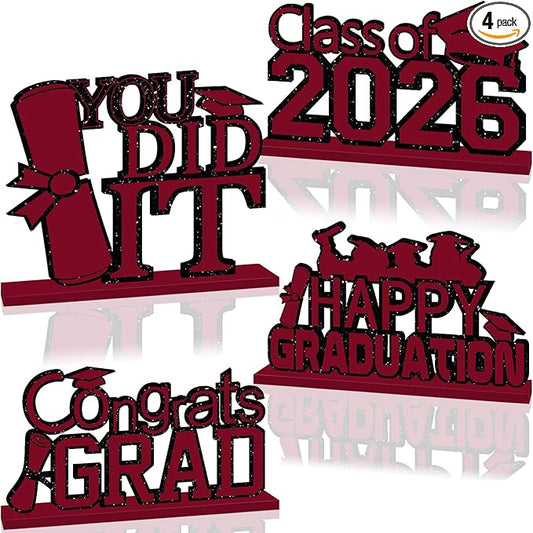 4Pcs Maroon and Black Graduation Decorations Class of 2026 Congrats Grad Wooden Table Centerpieces Grad Table Toppers Congratulate Tiered Tray Decor for 2026 Graduation Decorations
