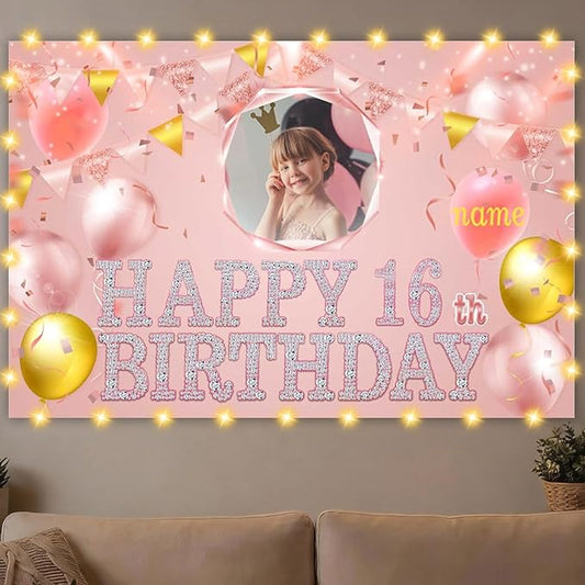 Dicodes Custom Rose Gold Pink Theme Birthday Banner for Party Happy Birthday Backdrop Decoration Personalized with Name and Photo